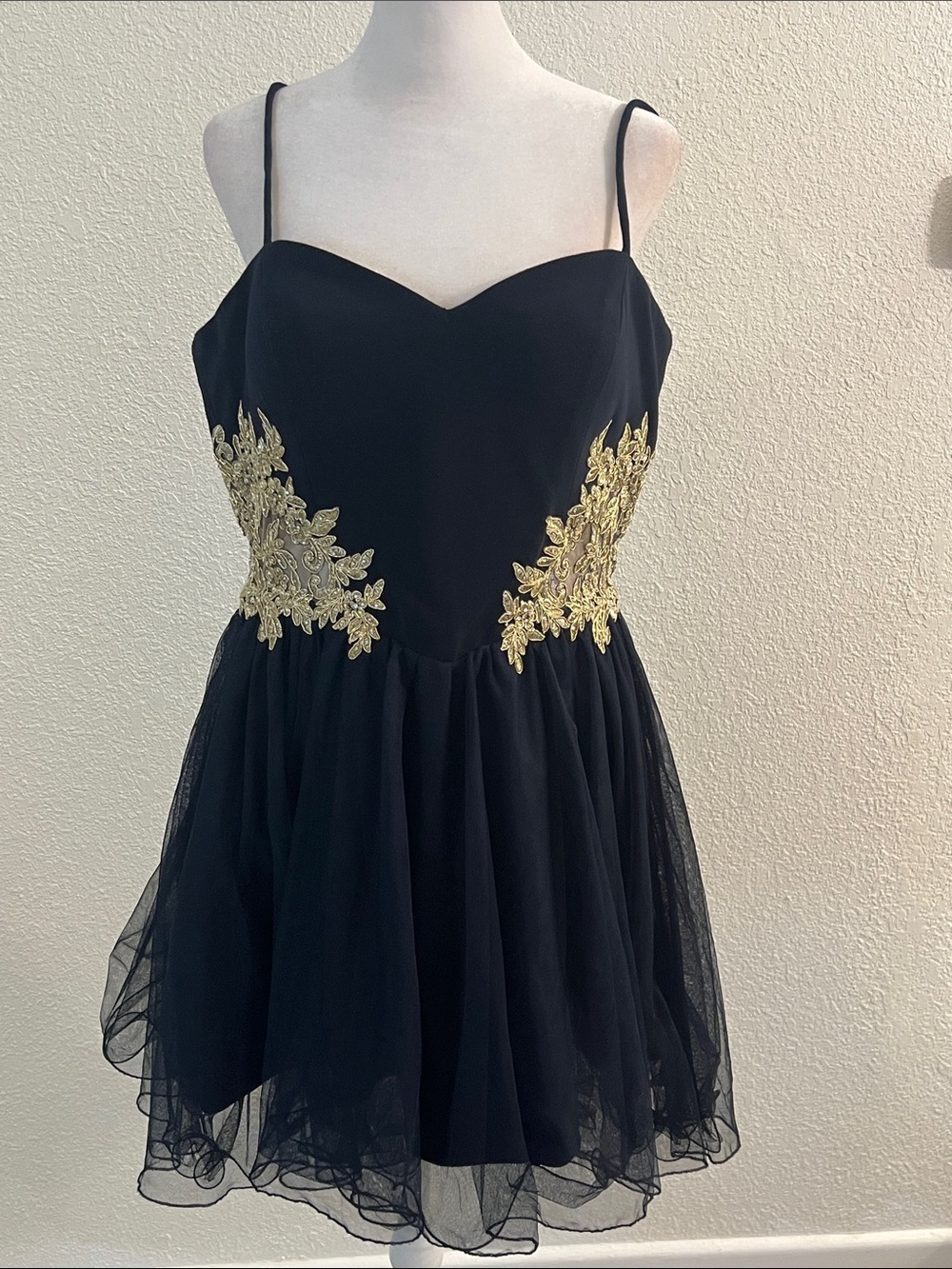 Dark Blue Spaghetti Strap Mini Dress with Gold Appliqué
